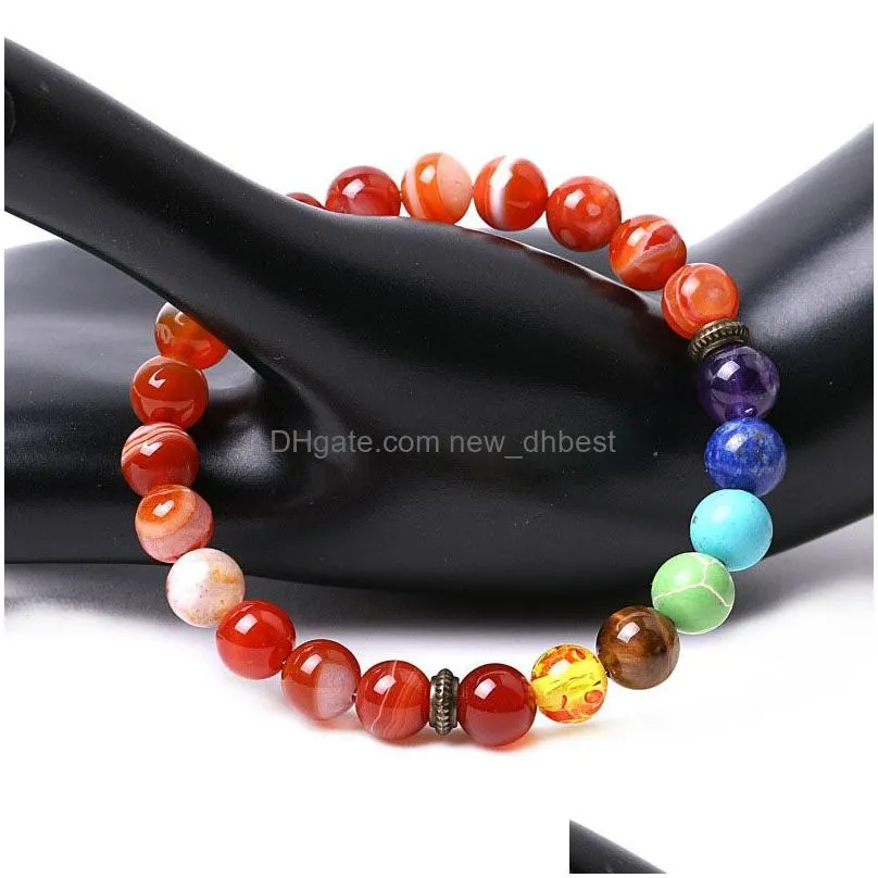 7 chakra stone bracelet strands striped red agate lotus charm buddha head volcanic stone bracelets wristband for women men fashion