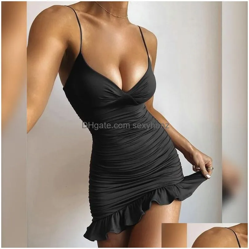 v neck slip dress sexy backless bodycon ruffle hip casual dresses summer skirts for women fashion clothing black red