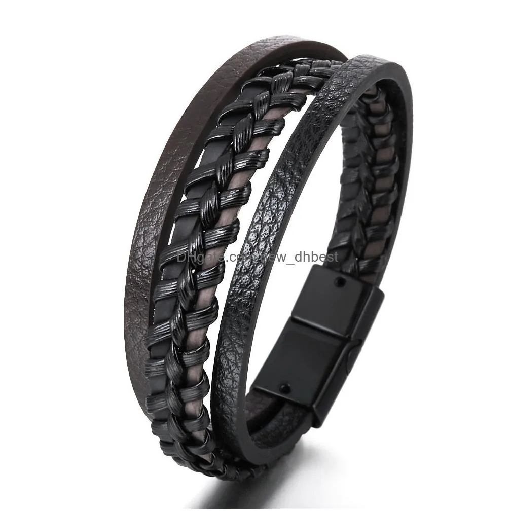 pu leather bracelet bangle cuff black multilayer braided magnetic clasp button bracelets for men fashion jewelry