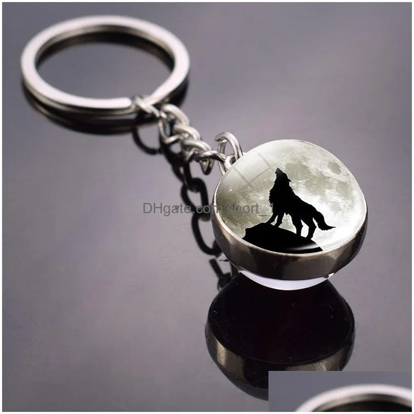 glass cabochon ball animal full moon wolf keychain glass ball double sided time gem key ring bag hanging fashion jewelry will and