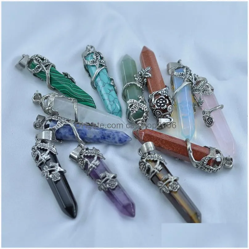 flower charm nature stone hexagon prism pendants amethyst opal quartz bullet crystal healing fashion jewelry for women men gift