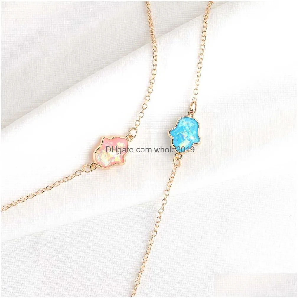 fashion blue white pink opal hamsa hand necklace fatima charm pendant necklaces long chain women jewelry collierl gifts