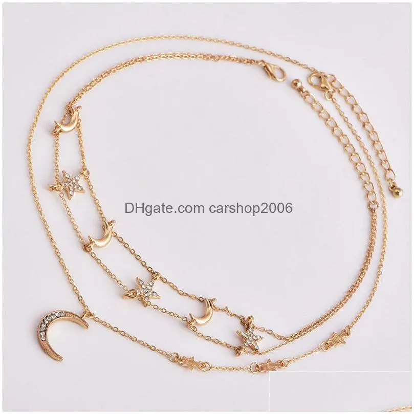 crystal star moon necklace gold star choker multilayer necklace moon pendant summer fashion jewelry for women