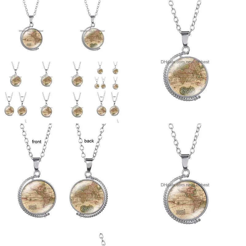 world map earth time gem necklace doublesided glass cabochono rotatable pendant necklaces chain women children fashion jewelry will and