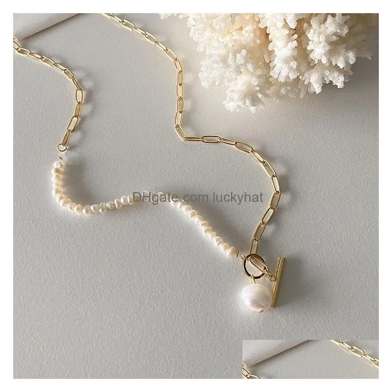 korean vintage natural freshwater pearl necklaces for women gold color link chain asymmetric toggle clasp circle choker necklace