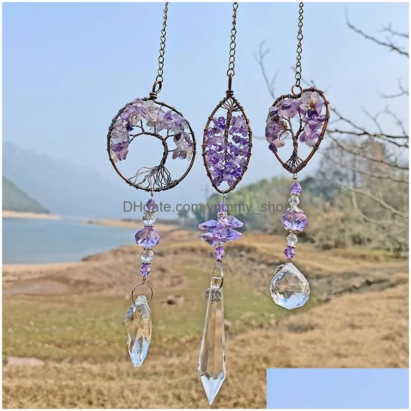 round natural stone amethyst tree of life heart wall hanging pendant door garden home decor arts ornament