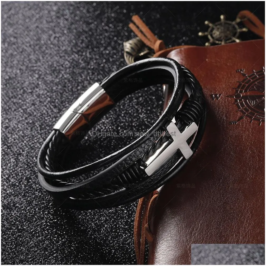 braided multilayer wrap genuine leather bracelet bangle cuff wristband gold stainless steel cross bracelets for men fashion jewelry will and