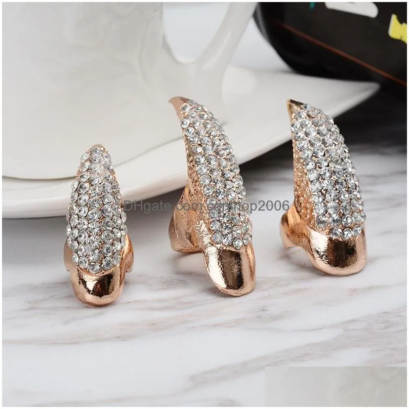 crystal rhinestone false nail ring cluster gold black paw talon cat claw rings punk rock fashion jewelry will and sandy