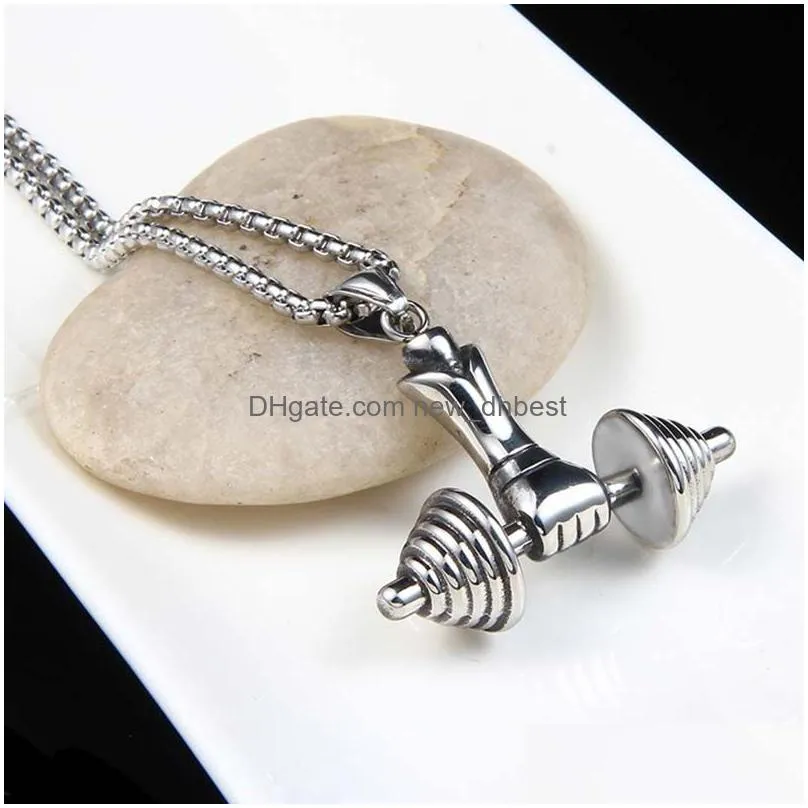 sport hand weight lifting dumbbell pendant necklace retro stainless steel necklaces chains hip hop fashion jewelry will and sandy