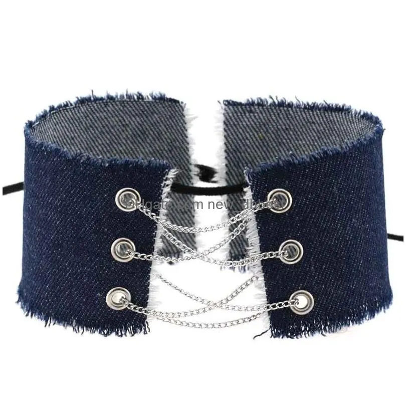 blue jeans denim chokers necklace collar multilyaer chains lace adjustable necklaces for women grils party nightclub fashion jewelry will and