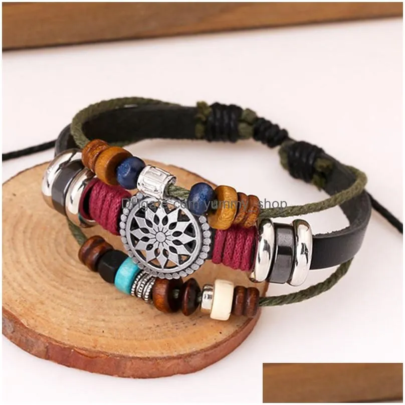 hollow flower leather bracelet charm adjustable multi layered bead bracelets women mens fashiono jewelry will and sandy