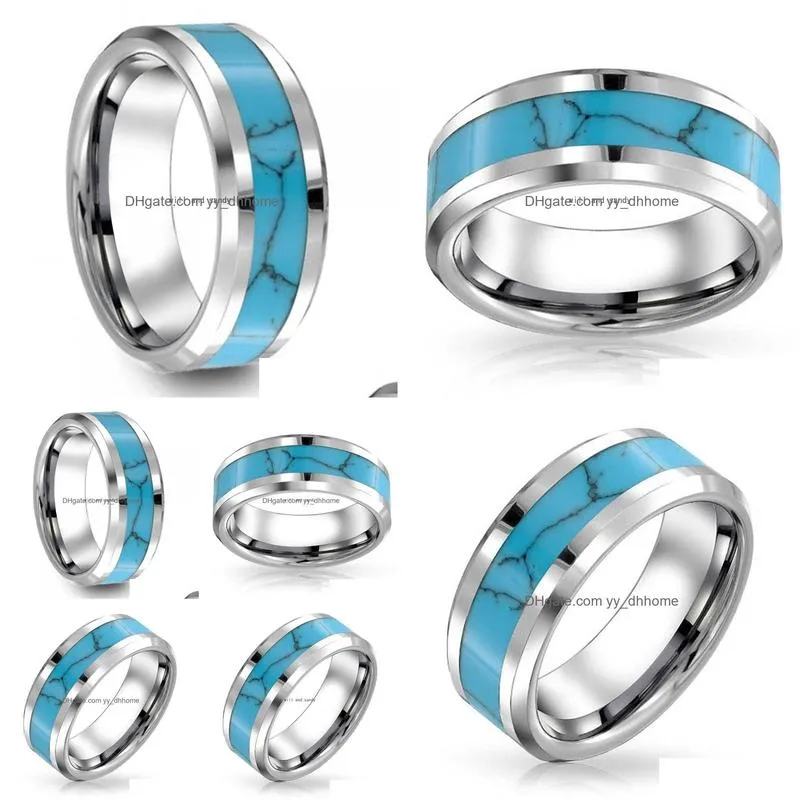 stainless steel natural turquoise ring band finger women mens inlay natural stone rings fashion jewelry will and sandy