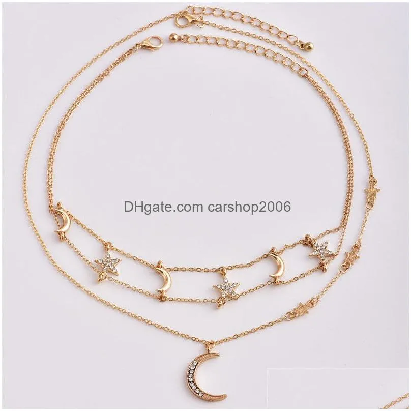crystal star moon necklace gold star choker multilayer necklace moon pendant summer fashion jewelry for women