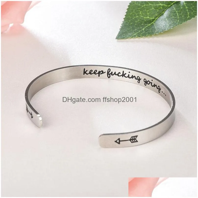 stainless steel open bracelet bangle letter inspirational keep going bracelet wristband cuff women men fashion jewelry