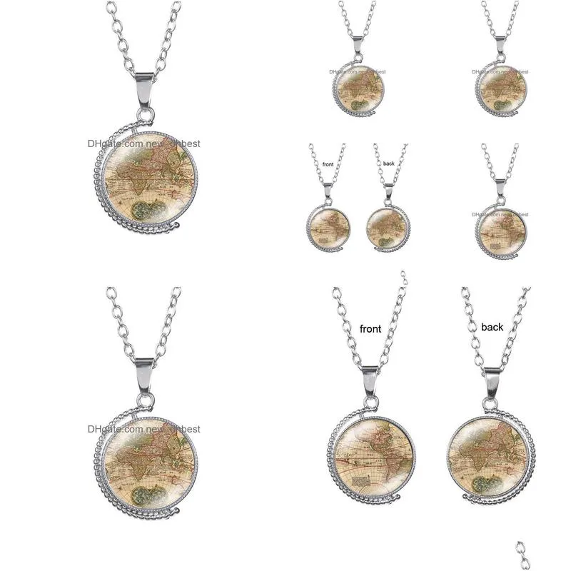 world map earth time gem necklace doublesided glass cabochono rotatable pendant necklaces chain women children fashion jewelry will and