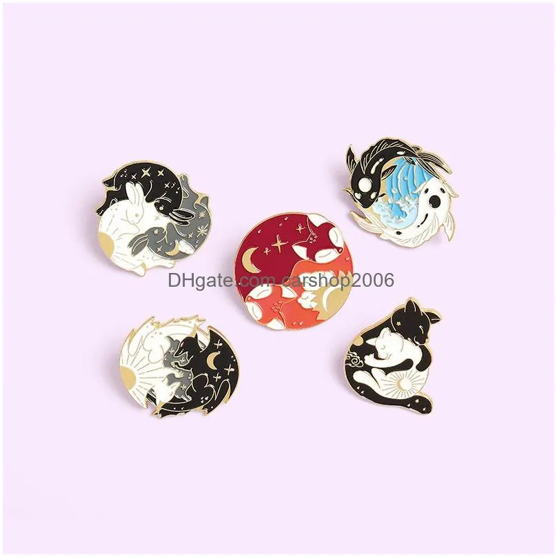 round yinyang brooches pins enamel animal hug cat dragon fox brooch lapel pin top bags badge for women men fashion jewelry