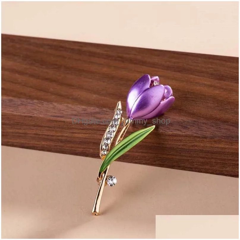 diamond flower tulip brooch pins enamel brooches corsage lapel pin wedding fashion jewelry for women