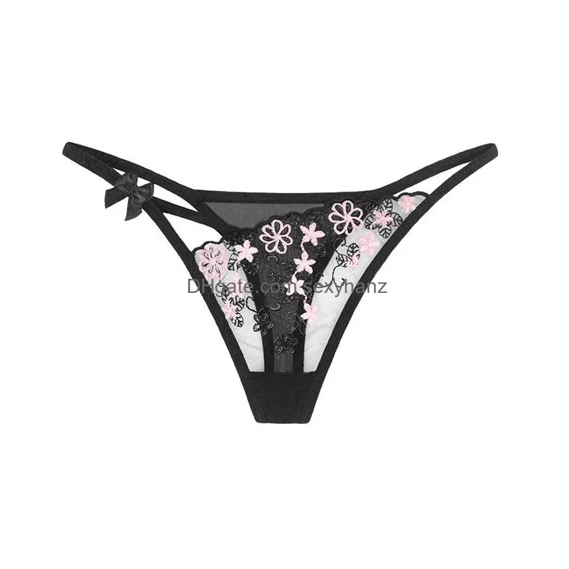 embroidered flower transparent g strings sexy lace ultra thin bow knot panties briefs thongs underwear lingerie for slim women clothes