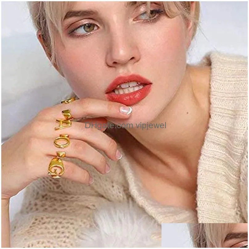 creative 26 az english letter initial ring simple gold color open rings adjustable alphabet jewelry gifts for lady girls