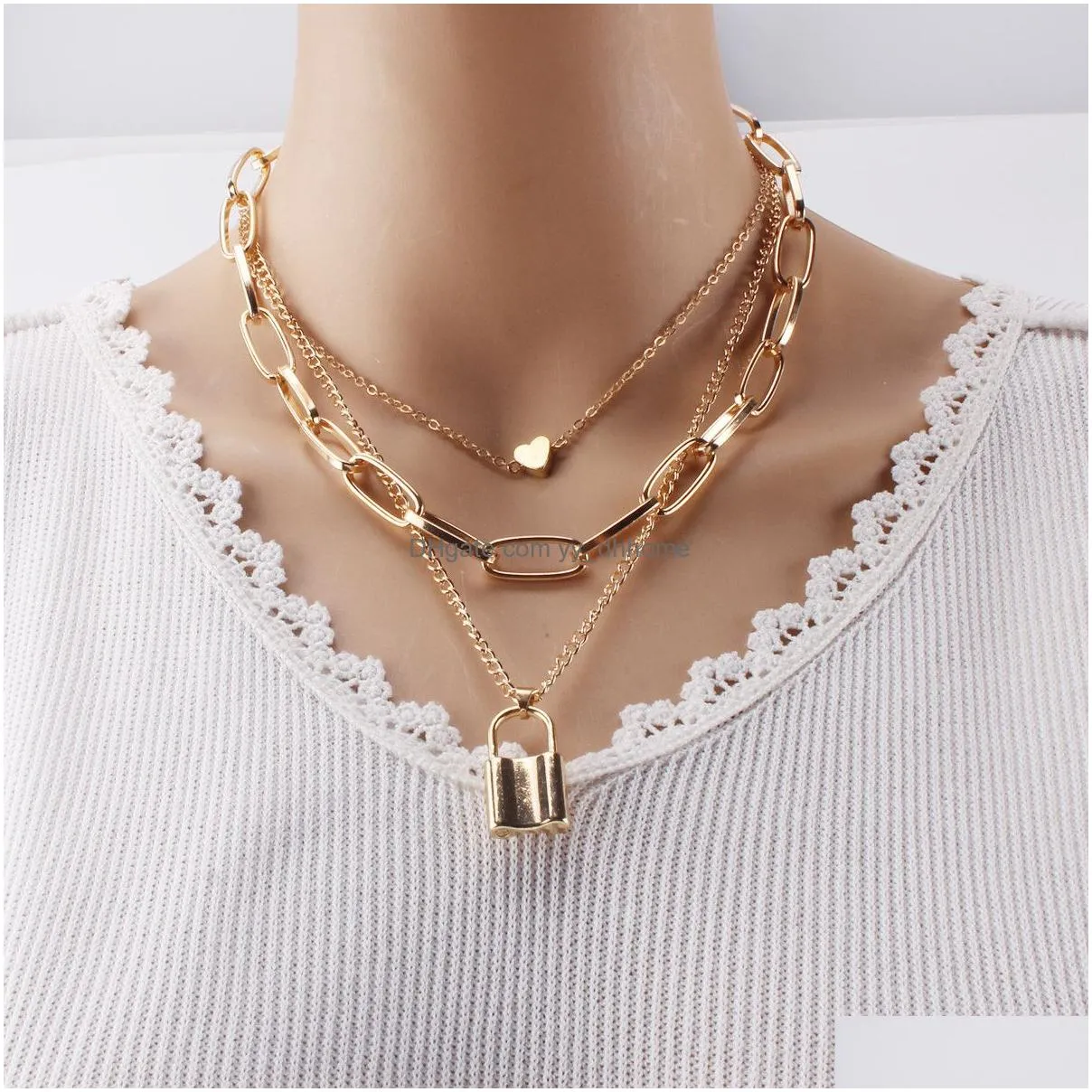 hip hop lock heart pendant necklace chokers silver gold chains multilayer wrap collar necklaces for women fashion jewelry will and sandy