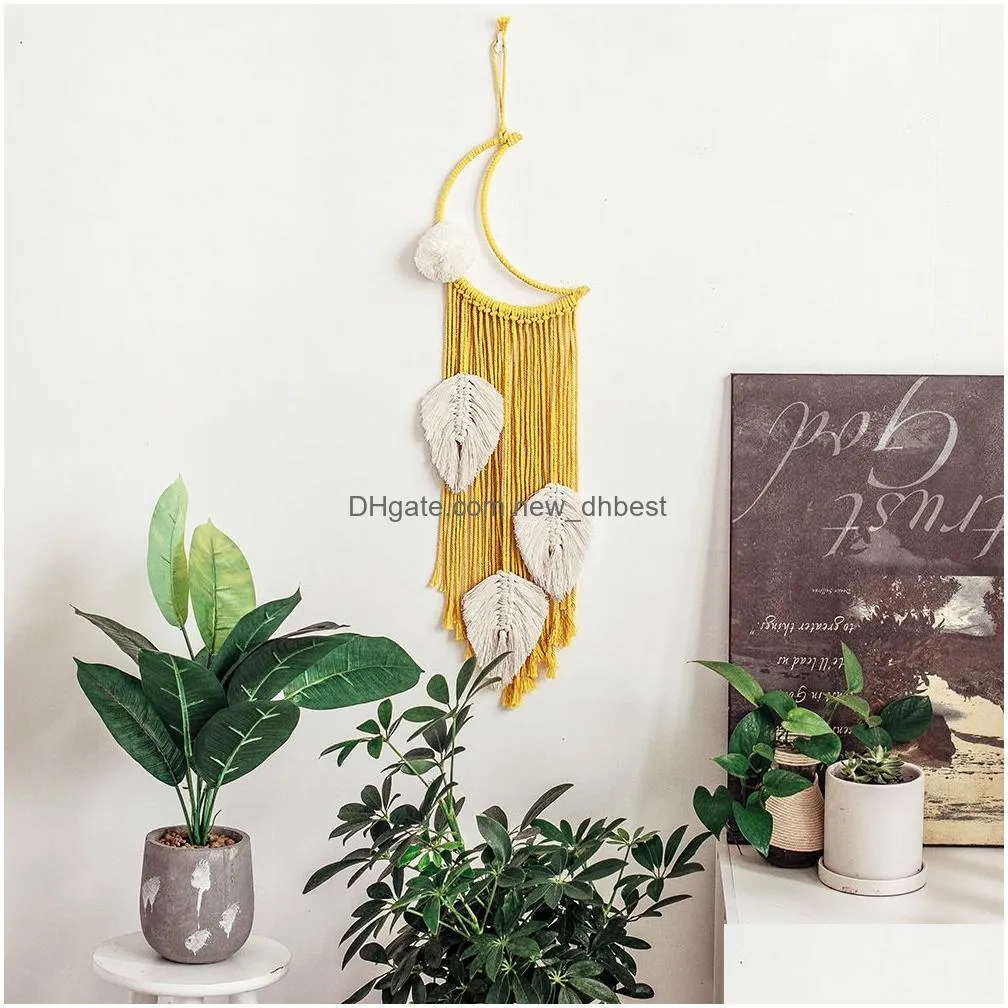 moon tassel yellow macrame wall hanging tapestry diy handmade woven home decor for bedroom woven boho tapestry hanging