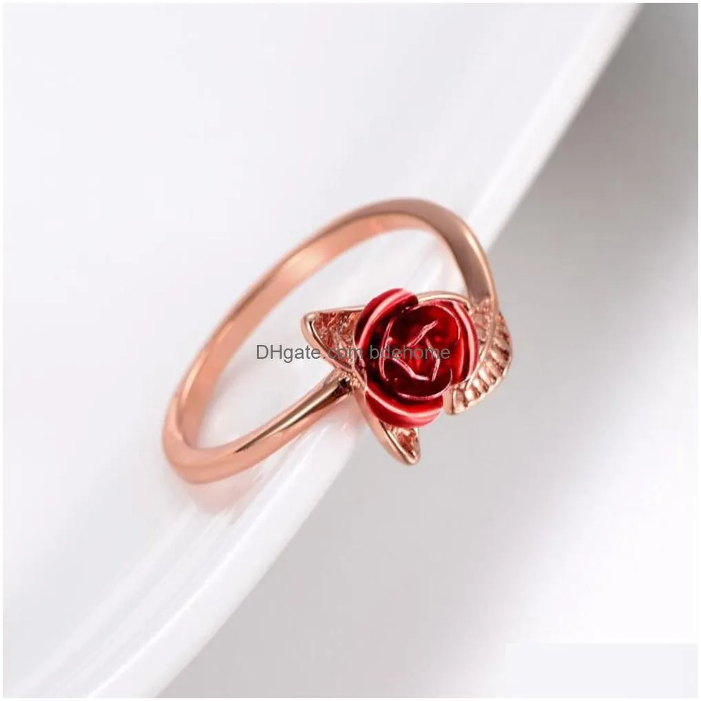 trendy red rose garden flower leaves open ring resizable finger rings for women valentines day gift jewelry
