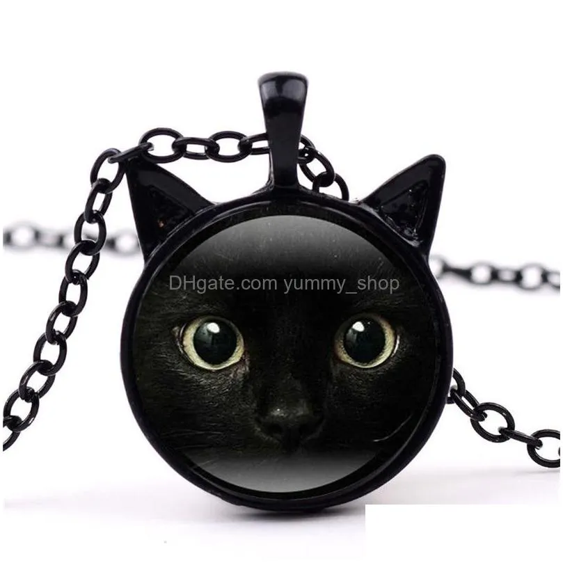 black glass cabochon necklace cat ear frame pendants necklaces women kids fashion jewelry 1625