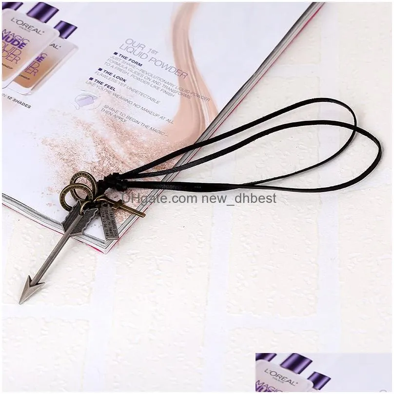 retro letter id ring charm arrow necklace adjustable leather chain necklaces for women men punk fashion jewelry gift