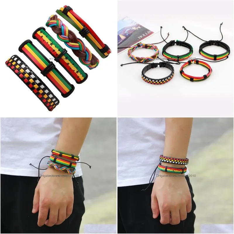 women men multilayer rainbow leather rope bracelet adjustable hip hop jewelry vintage 5pcs/set braided bracelets bangle cuff fashion jewelry will and