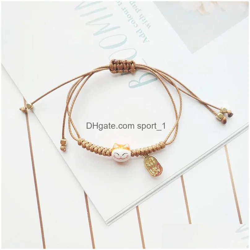 handmade colorful rope lucky cat bracelet for women girls birthday gifts charm tassel fashion maneki neko couple bangles