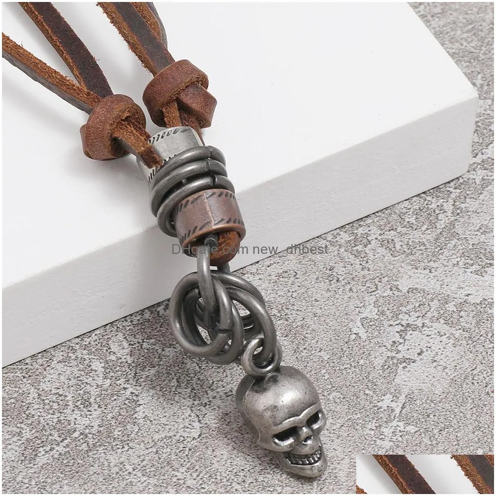 punk stereoscopic human head skull pendant necklace adjustable leather chain necklaces for women men halloween fashion jewelry gift