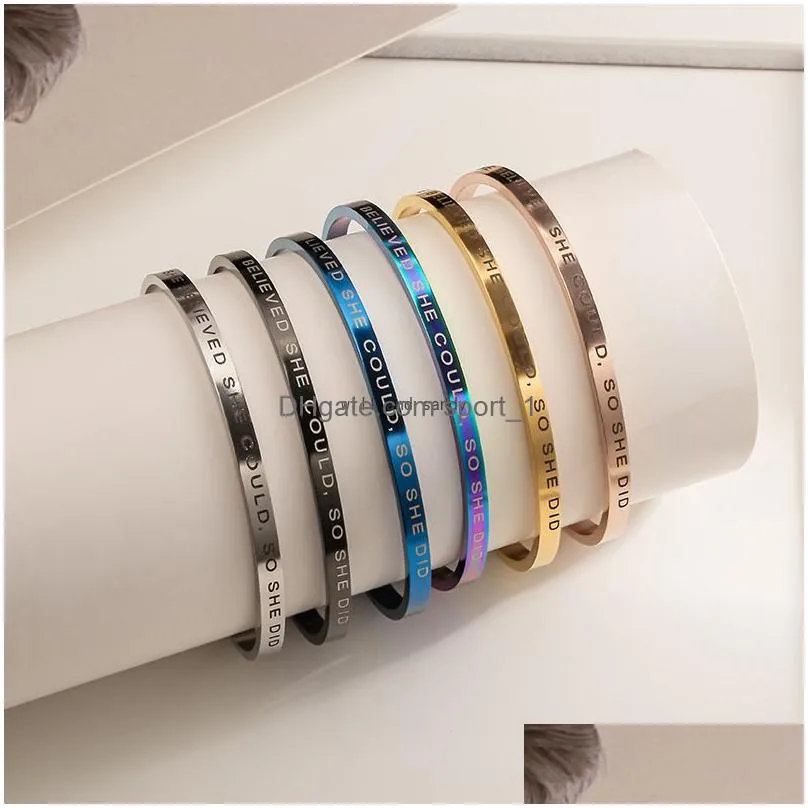 letter she believed she could bangle cuff stainless steel cshaped open bracelets wristband women fashion jewelry will and sandy