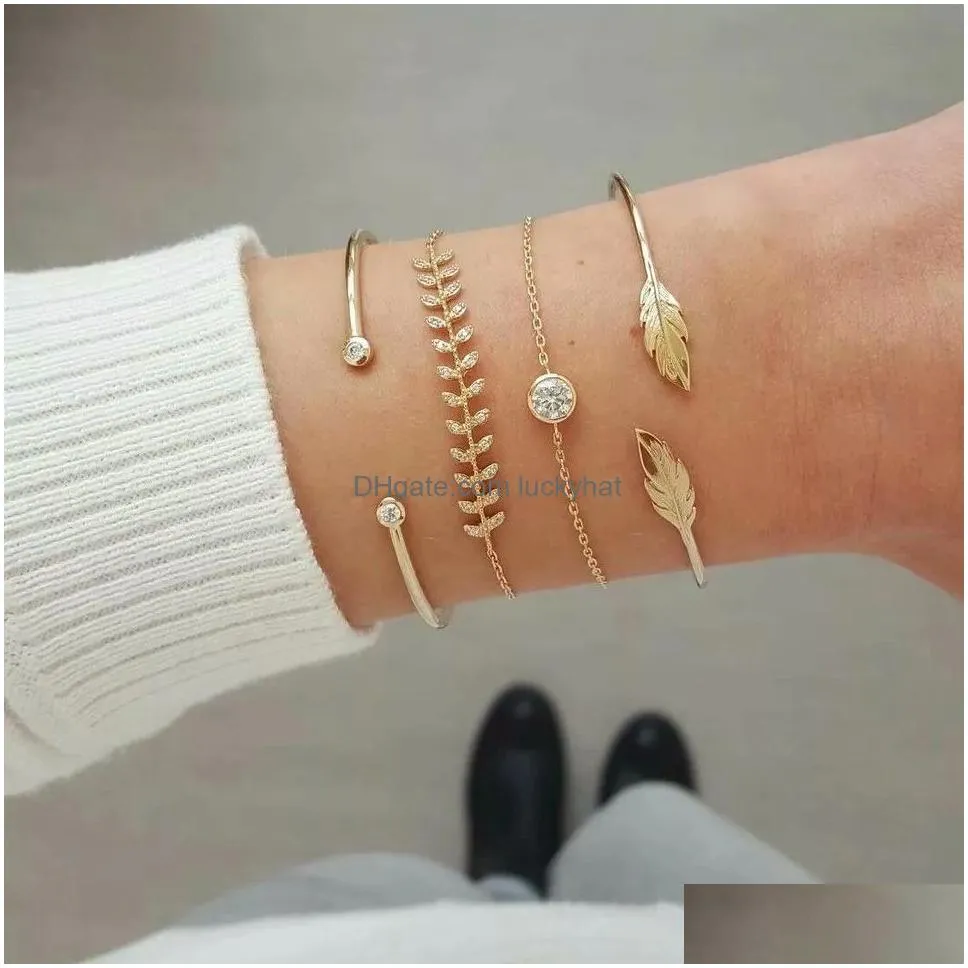 bohemian gold color leaf open bracelet set for women punk vintage bracelets bangles jewelry christmas gift