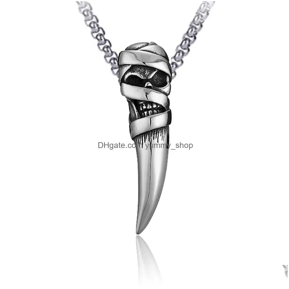 stainless steel skull tooth necklace pendant ancient silver necklaces women men hiphop fashion fine jewelry