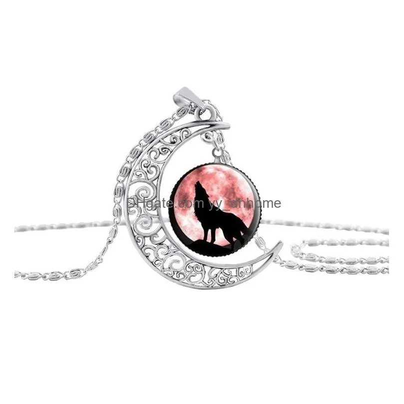 totem wolf glass cabochon necklace moon time gemstone necklaces chains silver animal models fashion jewelry for women mens gifts drop ship