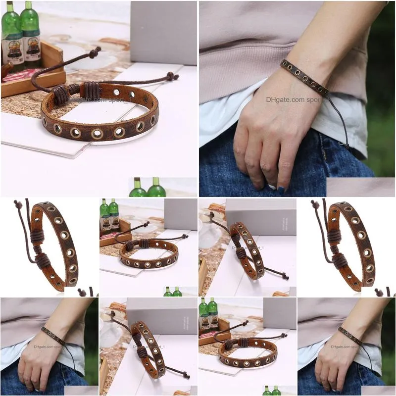 retro leather bangle cuff punk hole string adjustable bracelet wristband men fashion jewelry