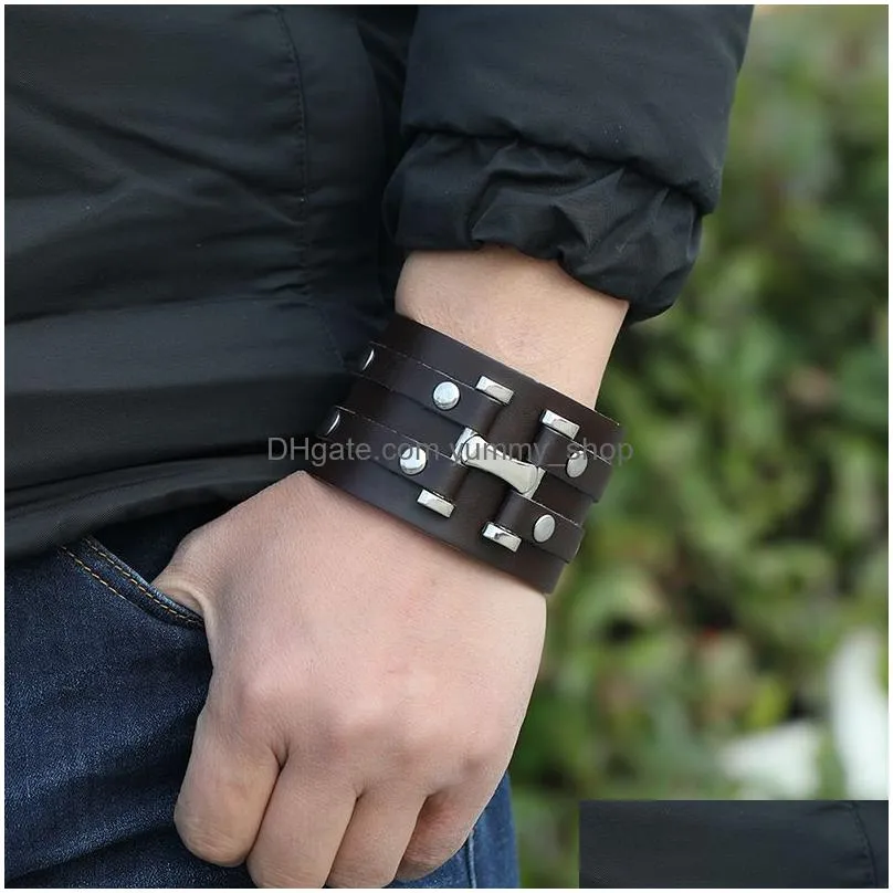 punk wide leather bangle cuff multilayer wrap button adjustable bracelet wristand for men women fashion jewelry black