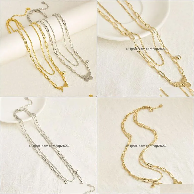 18k gold plated butterfly necklace pendant stainless steel paperclip chain double layer necklaces for women fashion jewelry