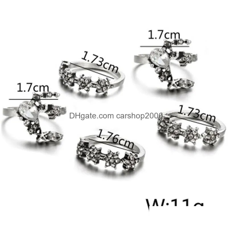 5pcs set bohemian vintage white gem moon stars geometric crystal ring women charm joint rings party wedding jewelry gift