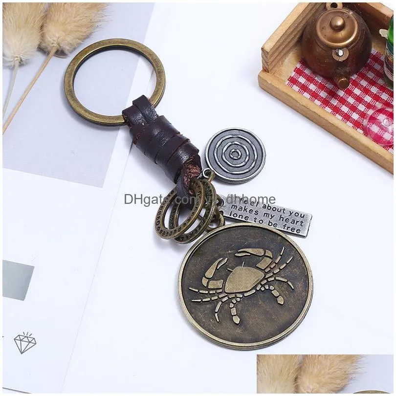12 horoscope sign key rings keychain leather weave retro bronze constell keyring bag hangs holder for women men fashion jewelry