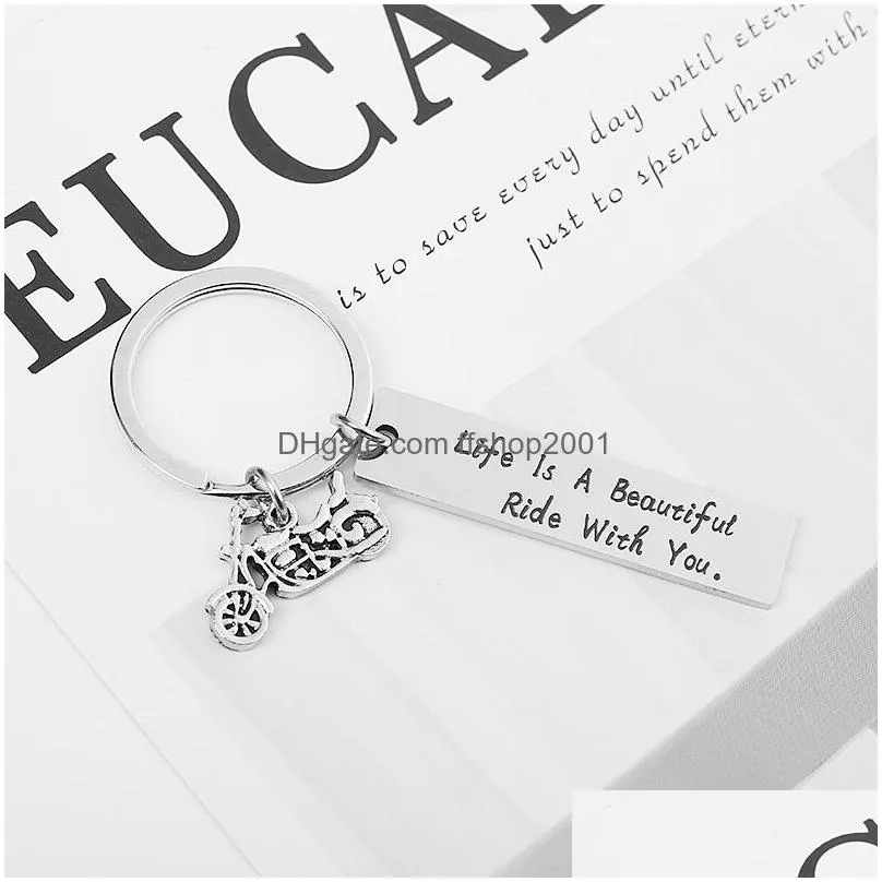stainless steel letter tag with motorcycle key ring holders lovers keychain for women men fashion will and sandy