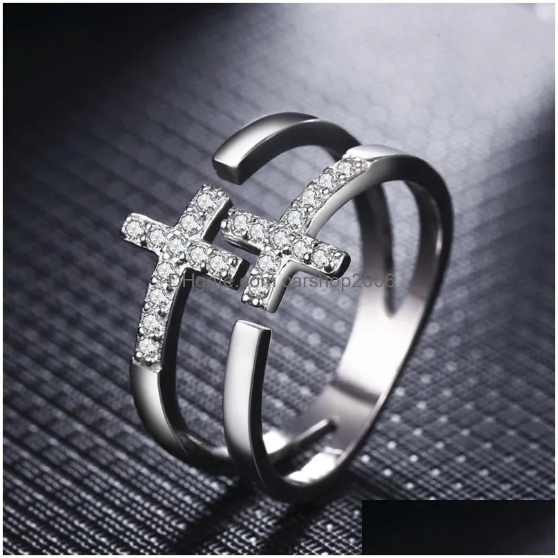 double layer diamond jesus cross ring band finger open adjustable hollow stacking rings women couple fashion jewelry gift will and