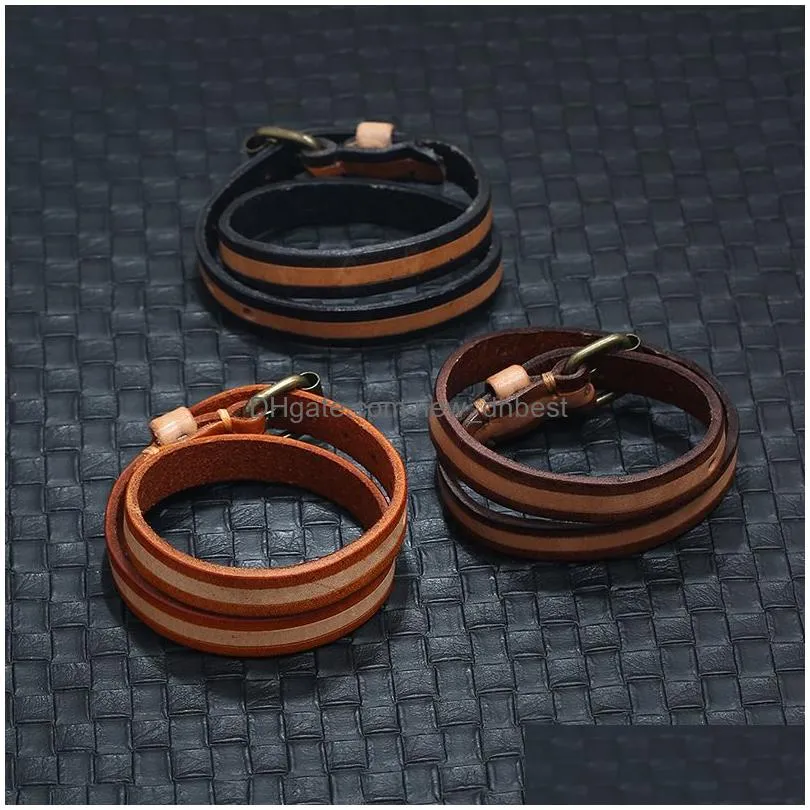 stripe leather bangle cuff pin buckle adjustable multilayer wrap bracelet wristand for men women will and sandy fashion jewelry