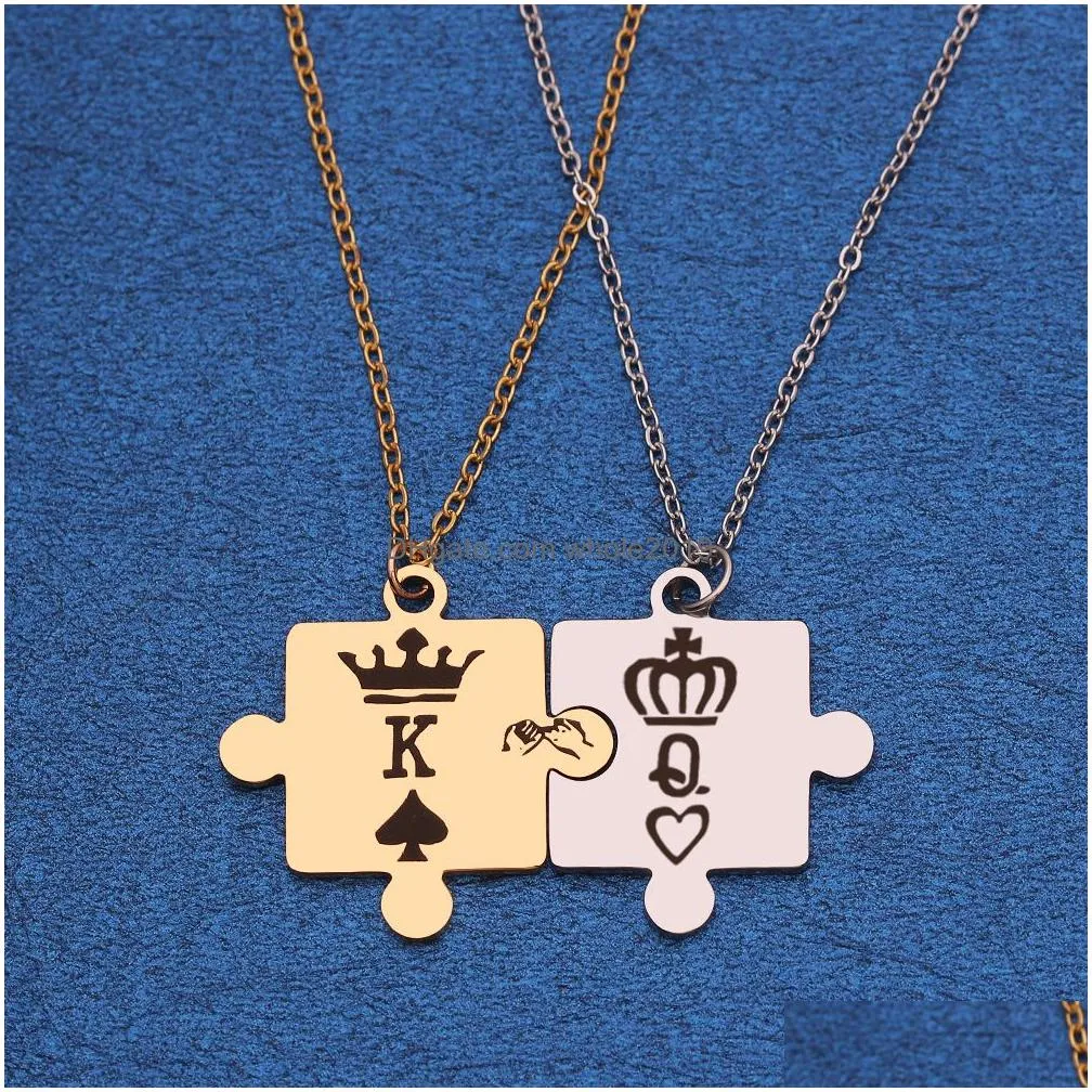 letters k q couple necklaces with crown stainless steel tag pendant necklace king queen engraved men jewelry gift