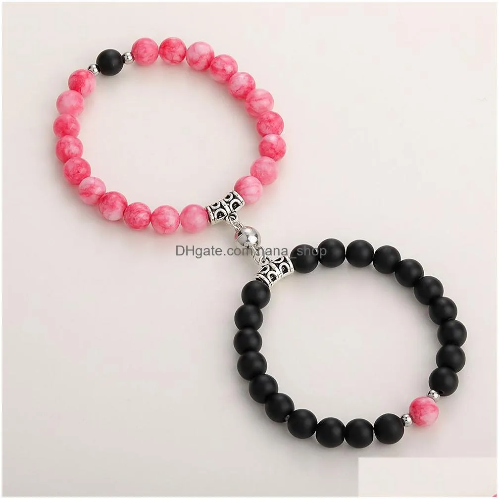 2pcs creative magnet attract couple charm strand bracelets good friend lover 8mm natural stone beads crown stretch bracelet for women