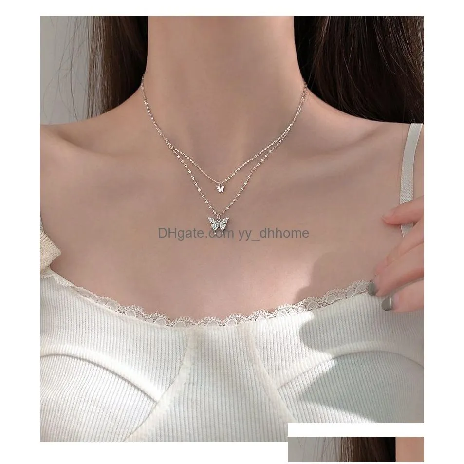 silver shiny butterfly tassel necklace female exquisite double layer pendant clavicle chain wedding party jewelry gifts