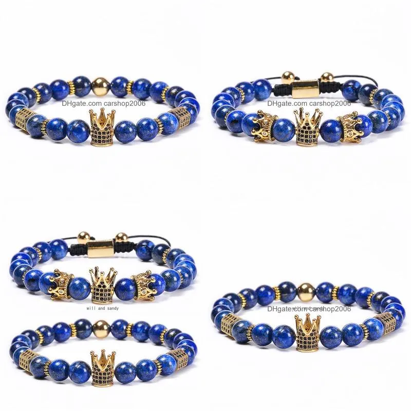 natural stone lapis lazuli crown bracelet braided copper microinlaid zircon diamond bracelets bead bracelets women men fashion jewelry will and