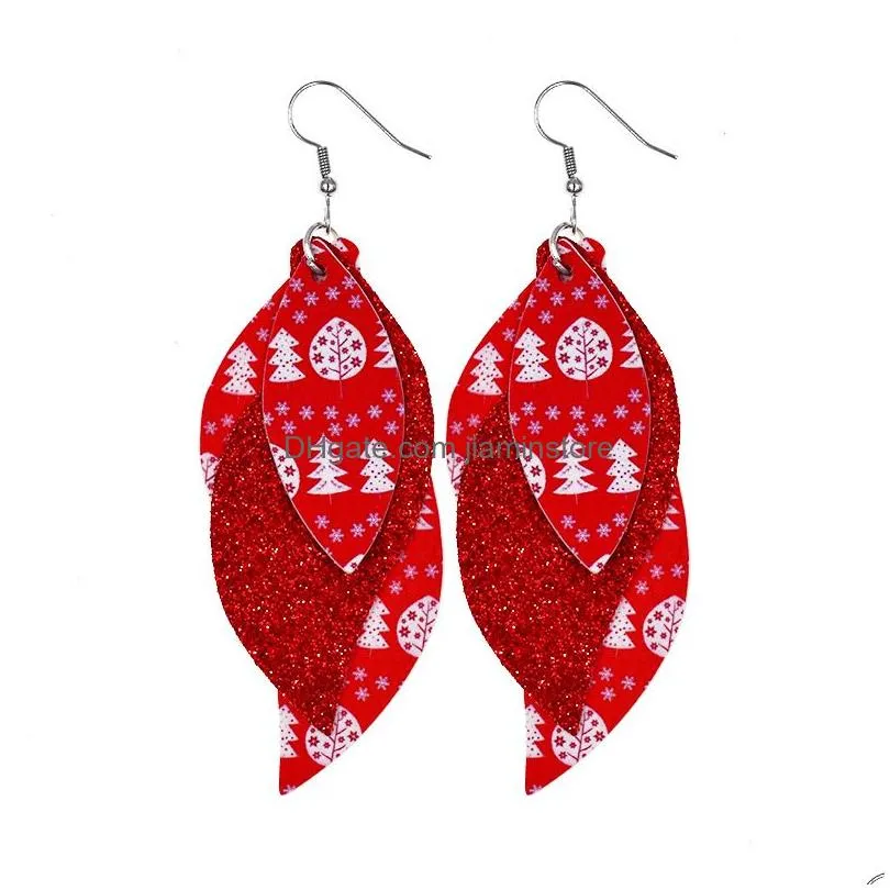 new christmas s shaped leather dangle earrings double layer women print teardrop leaf accessories fashion jewelry girl gifts