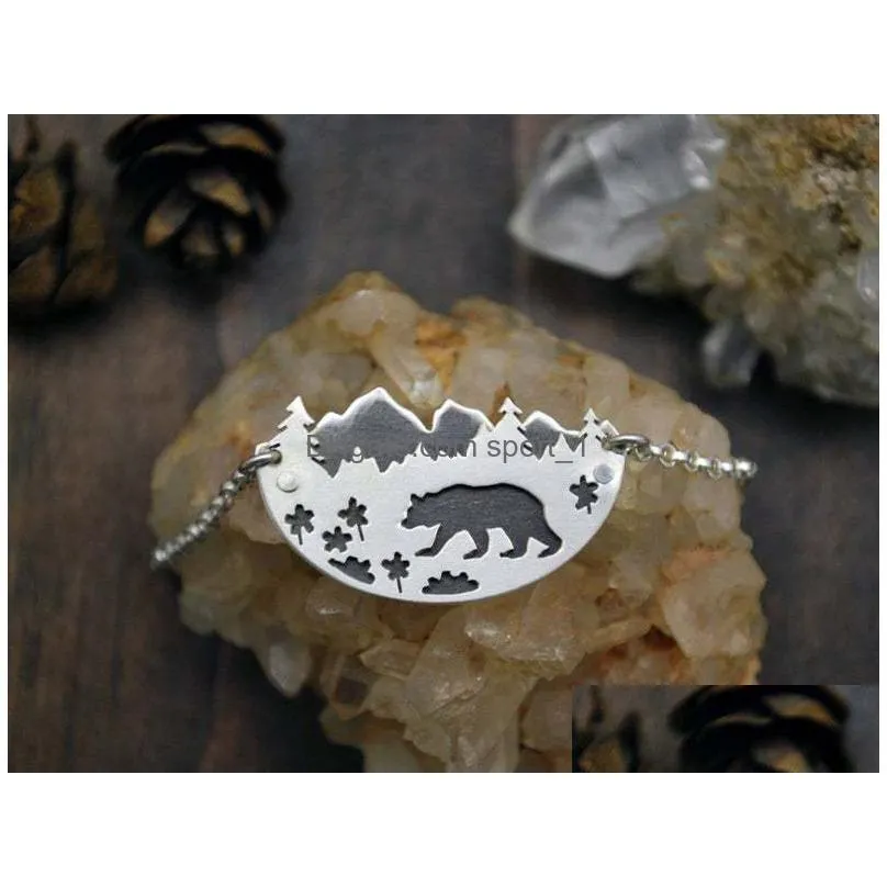 black bear in wildflower meadow pendant necklace trees charm necklaces for women female fashion wedding jewelry accessories