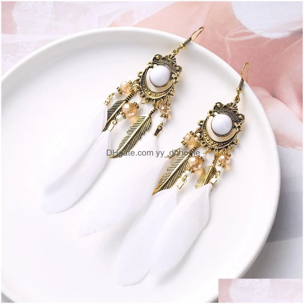 summer bohemian long feather dangle earrings for women beach chain tassel drop earring wedding bride jewelry oorbellen hangers